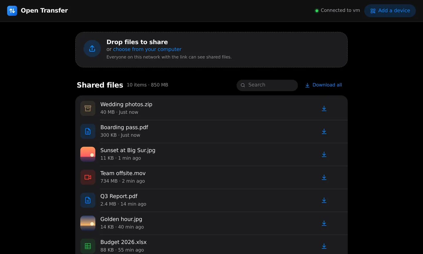 Open Transfer on a desktop: a drop zone and a list of shared files with sizes, times and download buttons
